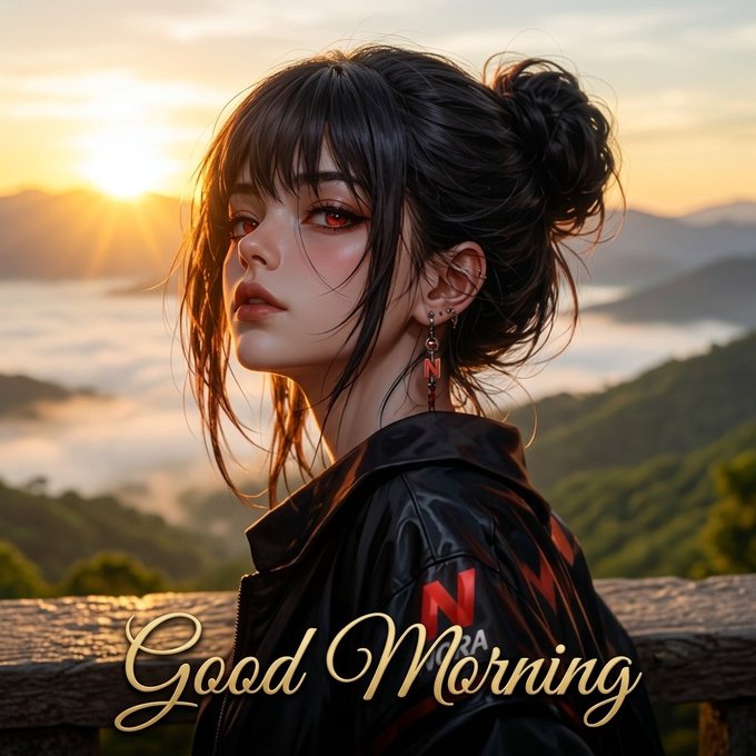 An anime-style portrait of a young woman with dark hair in a bun, wearing a black jacket with red accents and red eyes, set against a misty mountain sunrise with 'Good Morning' written in golden cursive script.
