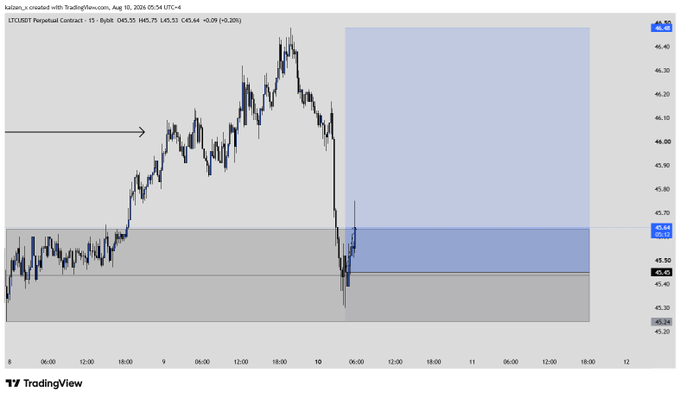A TradingView candlestick chart for 'BTCUSD Perpetual Contract' showing a sharp price drop, with current price around 45.64, dated August 10, 2024.