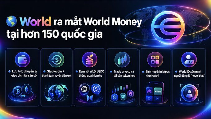 An advertisement for World (formerly Worldcoin) in Vietnamese titled 'World ra mắt World Money tại hơn 150 quốc gia' showcases features like crypto storage, stablecoins, Mini Apps, and World ID.
