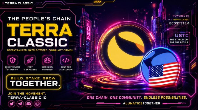 A vibrant cyberpunk-style promotional graphic for Terra Classic (LUNC) featuring glowing neon cityscapes, the Luna Classic logo, and a USTC emblem with an American flag, highlighting slogans like "THE PEOPLE'S CHAIN," "BUILD. STAKE. GROW. TOGETHER.," and "#LUNATICSTOGETHER." It visually embodies the post's message of Terra Classic as a decentralized, community-driven ecosystem rallying its "Lunatics" around a shared vision of growth and unity.