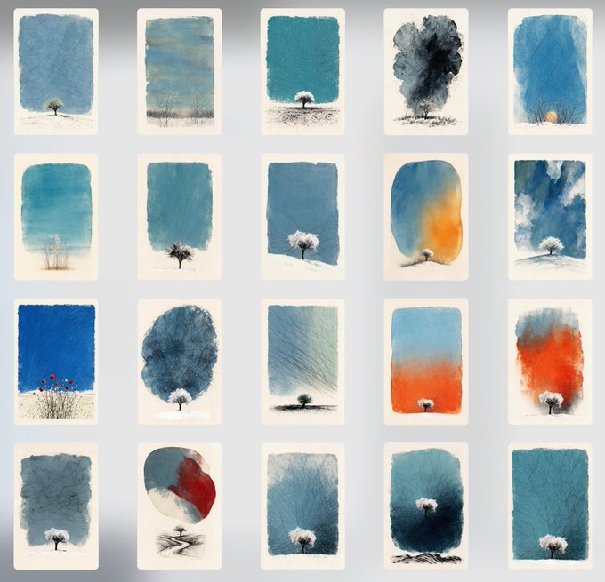 A collection of 20 small watercolor paintings arranged in a grid, featuring minimalist landscapes with trees, blue skies, and occasional pops of red, orange, and yellow.