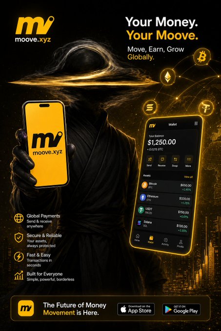 Advertisement for the moove.xyz cryptocurrency app featuring a hooded figure holding phones displaying the app, with the tagline 'Your Money. Your Moove. Move, Earn, Grow Globally.' and App Store/Google Play download links.