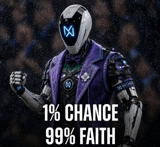 A futuristic humanoid robot wearing a purple patterned suit and bow tie, with the text '1% CHANCE 99% FAITH' displayed at the bottom.