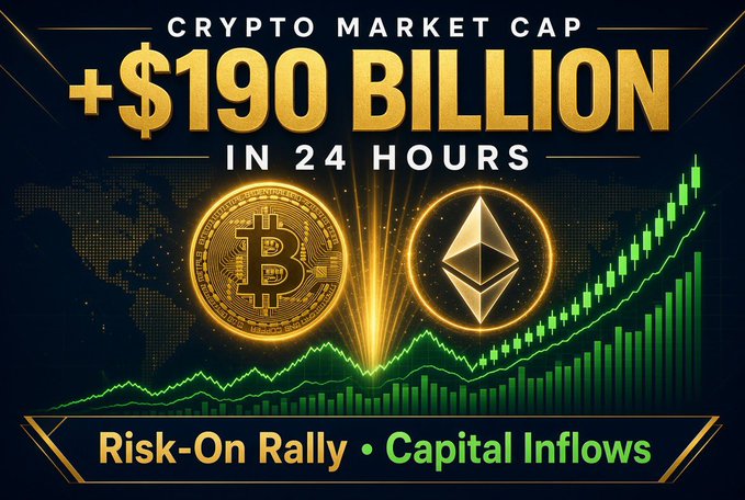 Promotional graphic reading 'CRYPTO MARKET CAP +$190 BILLION IN 24 HOURS' with 'Risk-On Rally • Capital Inflows', featuring Bitcoin and Ethereum logos.