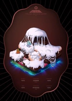 A stylized graphic depicting an island surrounded by stormy seas with white breaking waves, featuring a central structure, set against a dark background with radiating lines and small text labels like 'DAMAGE' and 'LACERATIONS'.