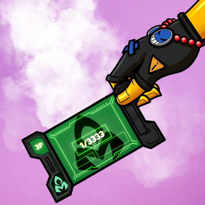 A stylized yellow and black robotic hand holds a green digital card displaying '1/3333' and a silhouette, set against a pink cloudy sky background.