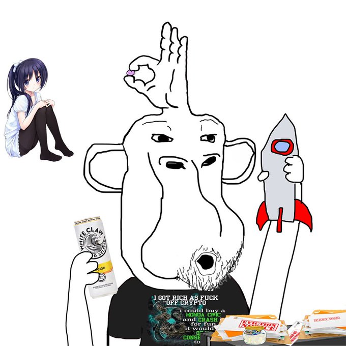 A surreal collage-style illustration features a Wojak-style figure with a multi-eyed face holding a can, a rocket ship, and other items, with a small anime girl in the corner and text reading 'I GOT RICH AS FUCK OFF CRYPTO'.