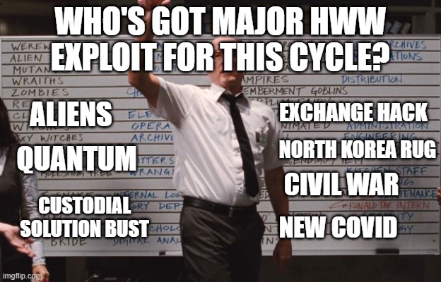 A meme using the 'Conspiracy Board' template asks 'WHO'S GOT MAJOR HWW EXPLOIT FOR THIS CYCLE?' with various categories listed including ALIENS, QUANTUM, EXCHANGE HACK, and CIVIL WAR.