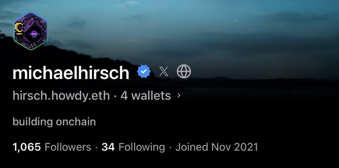The image displays the X (formerly Twitter) profile of "michaelhirsch" with the handle "hirsch.howdy.eth," showing 1,065 followers, 34 following, and 4 wallets, with a bio reading "building onchain." It relates to the post about a PFP (profile picture) update on OpenSea, likely referring to the purple hexagonal avatar shown in the corner, which appears to be the user's newly updated NFT profile picture.