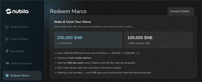 A dark-themed web interface titled 'Redeem Marco' shows a 'Stake & Claim Your Marco' section with options for '200,000 $NB = 1 free Marco' and '100,000 $NB = 50% discount code'; a sidebar lists 'nubila' navigation options.