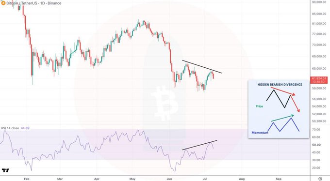 A Bitcoin/TetherUS daily chart on Binance showing price action from February to September with an RSI indicator below, highlighting a 'Hidden Bearish Divergence' pattern where price forms higher highs while momentum forms lower highs.