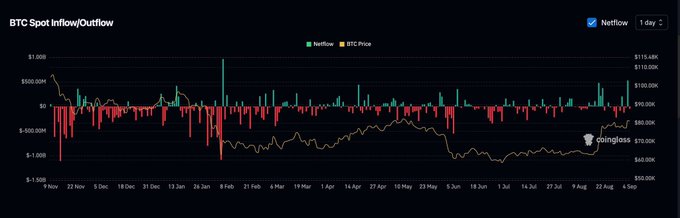 A CoinGecko chart titled 'BTC Spot Inflow/Outflow' displaying 1-day netflow data with green and red bars and the BTC price line overlaid from November to September.