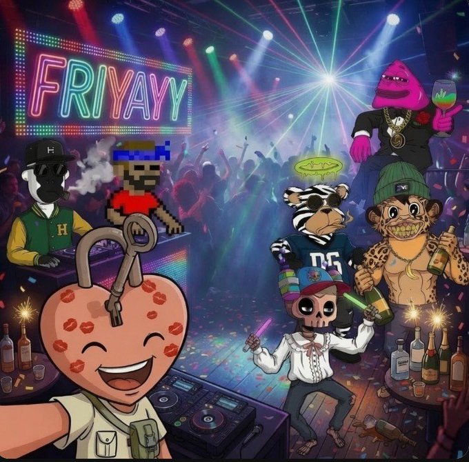 A vibrant digital illustration of a nightclub party scene featuring a "FRIYAY" neon sign, a DJ character with a padlock for a head, an 8-bit style character, a zebra in a jersey, a leopard in a beanie, and other anthropomorphic figures with drinks and glow sticks.