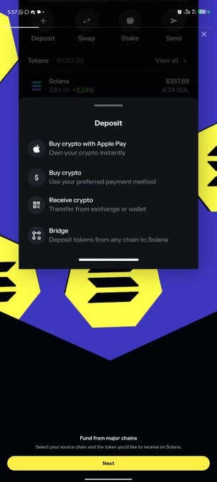 A mobile screenshot showing a crypto wallet's 'Deposit' menu with options including 'Buy crypto with Apple Pay', 'Buy crypto', 'Receive crypto', and 'Bridge', displaying a Solana balance of $357.69 and $3577.69.