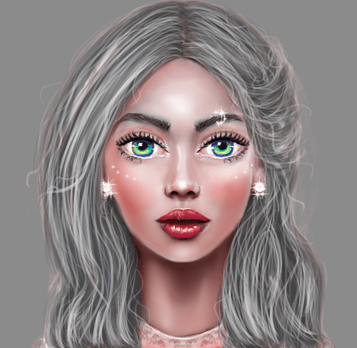 A digital illustration of a woman with long, wavy silver hair, striking green eyes, and red lips, with small sparkle effects on her face against a plain gray background.