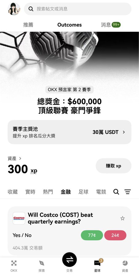 A screenshot of the OKX app's prediction market interface showing 'OKX 預言家 第 2 賽季' (OKX Prophet Season 2) with $600,000 total prize pool and a market question 'Will Costco (COST) beat quarterly earnings?' currently at 77% Yes.