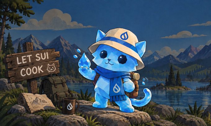 A digital illustration shows a blue cartoon cat character wearing a bucket hat and blue scarf, standing on rocks by a lake with mountains in the background, next to a wooden sign reading "LET SUI COOK."