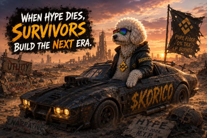 The image features a white dog wearing sunglasses, sitting inside of an old car that has been transformed into a vehicle for advertising purposes. The car's design includes a "$KORICO" logo on its side. The background of the image is filled with buildings and other elements related to the advertisement campaign. The text in the image reads: "When hype dies, Survivors Build the Next era." This phrase emphasizes the idea that even during challenging times or when things seem bleak, there are people who continue to thrive and make progress.