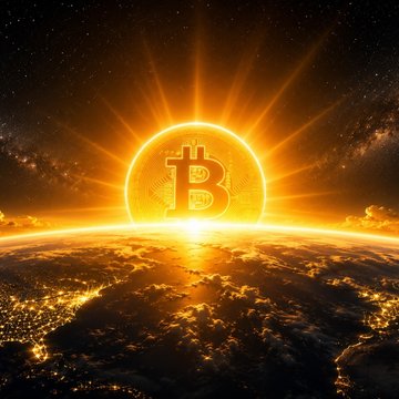 A golden Bitcoin symbol glowing like a rising sun over the Earth's horizon with city lights visible below.