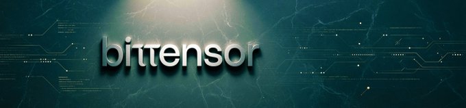 The image displays the stylized "bittensor" logo in metallic text against a dark teal, circuit-board patterned background, which connects to the post's mention of Bittensor's $TAO subnets and its evolving ecosystem.