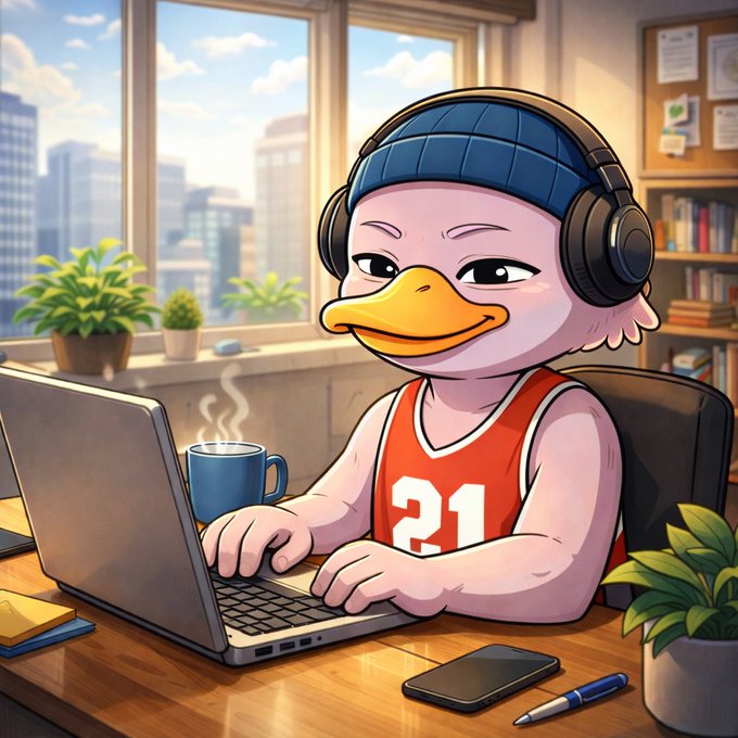 A cartoon illustration of a pink duck character wearing a blue beanie, headphones, and an orange jersey with the number '21', working on a laptop in a cozy office setting.
