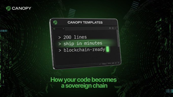 Canopy promotional graphic advertising blockchain templates with features '200 lines, ship in minutes, blockchain-ready' and tagline 'How your code becomes a sovereign chain'.