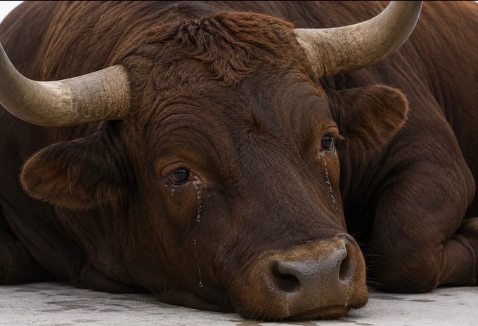 A close-up of a brown bull with large horns lying down, with a single tear visible on its face.