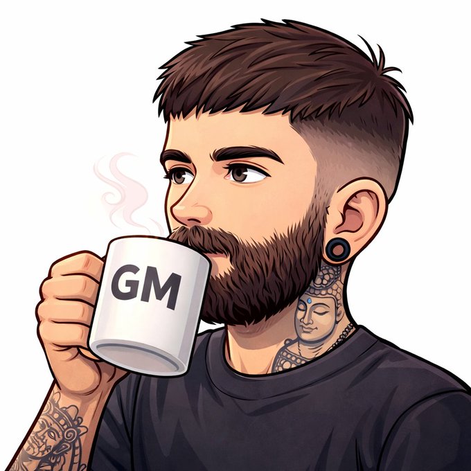 A digital illustration of a bearded man with tattoos drinking from a white mug labeled 'GM'.