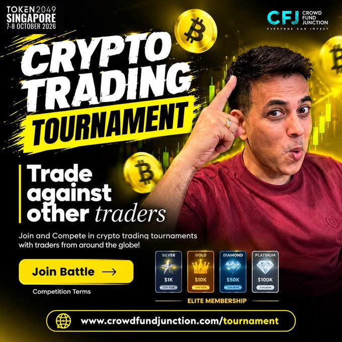 An advertisement for a 'CRYPTO TRADING TOURNAMENT' at TOKEN2049 SINGAPORE on 7-8 October 2026, hosted by a man pointing upward, with a 'Join Battle' button and 'ELITE MEMBERSHIP' tiers (Silver $1K, Gold $10K, Diamond $50K, Platinum $100K) leading to www.crowdfundjunction.com/tournament.