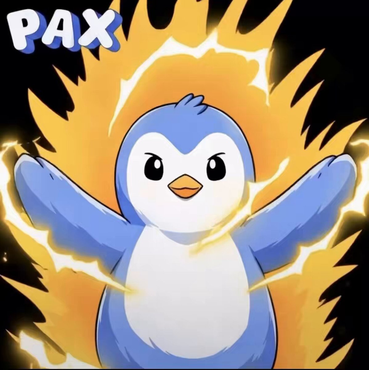 The image features a cartoon penguin with its wings spread wide open as if radiating positive energy across the ecosystem. The penguin's face has an angry expression, adding intensity to the scene. The caption below the image reads "$PAX is radiating unstoppable positive energy across the ecosystem! The Paxton Pengu movement is gaining powerful momentum, now is the strategic moment to accumulate strong foundations.