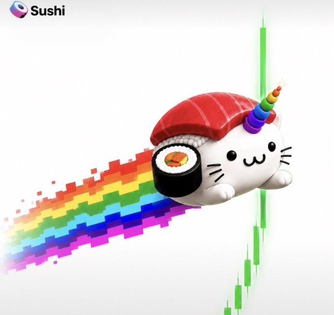 A Sushi cryptocurrency logo featuring a cute cat-unicorn hybrid character with a piece of salmon nigiri sushi on its back, flying through the air with a pixelated rainbow trail and a green candlestick chart in the background.