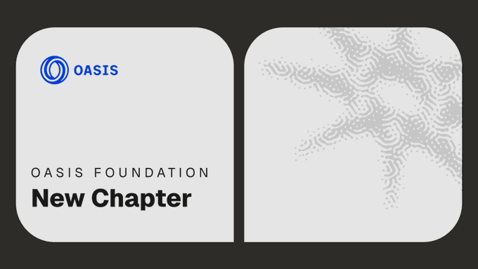 The image features a white square with blue text that reads "Oasis Foundation New Chapter" written in black letters. The background of the image is gray, providing a neutral backdrop for the text.