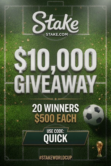 The image features a soccer advertisement with an advertisement for STAKE. The poster has a green background, depicting a soccer field on which a soccer ball is placed. It showcases a $10,000 giveaway offering two winners each, and encourages users to sign up by providing their code or using the provided link in the post.