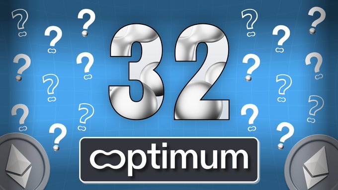 A blue promotional graphic featuring a large silver '32' surrounded by question marks, with the 'Optimum' logo at the bottom.