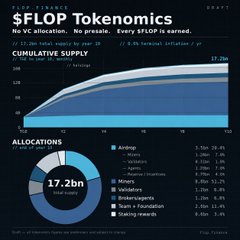 A draft chart titled 'FLOP Tokenomics' showing cumulative supply and allocations across categories like Airdrop, TokenUnlocks, and Validators, totaling 17.2bn tokens with no VC allocation.