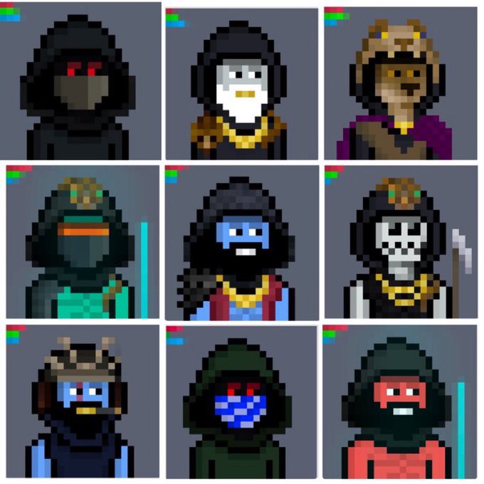 A 3x3 grid of pixel-art character portraits featuring hooded figures with various accessories like a crown, gold chain, and scythe.