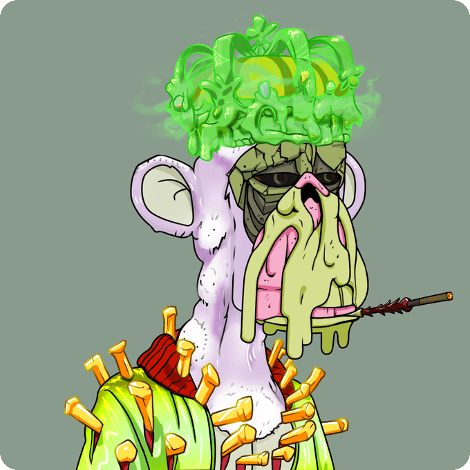 A colorful cartoon illustration of a grotesque character with a white furry face, pink slime dripping from its mouth, a green skull-like head dripping green slime, and cactus spikes emerging from its shoulders.