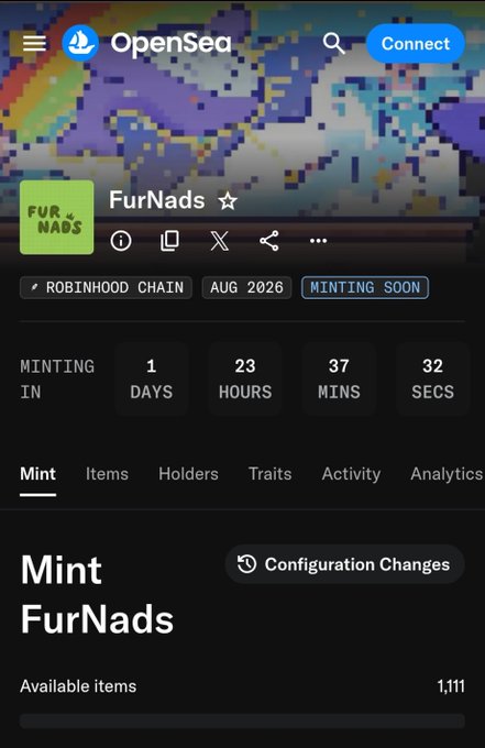 The image shows the OpenSea NFT minting page for the "FurNads" collection, scheduled to launch on the Robinhood Chain in August 2026 with a countdown timer of 1 day, 23 hours, 37 minutes, and 32 seconds remaining. The page displays "Mint FurNads" with 1,111 available items, aligning with the tweet announcing a free mint with a 1,111 supply coming soon on Robinhood.