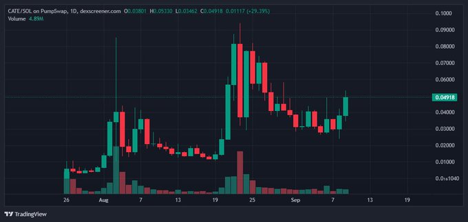 A TradingView candlestick chart for CATE/SOL on PumpSwap shows a recent price jump to 0.04918 with +29.39% gain.