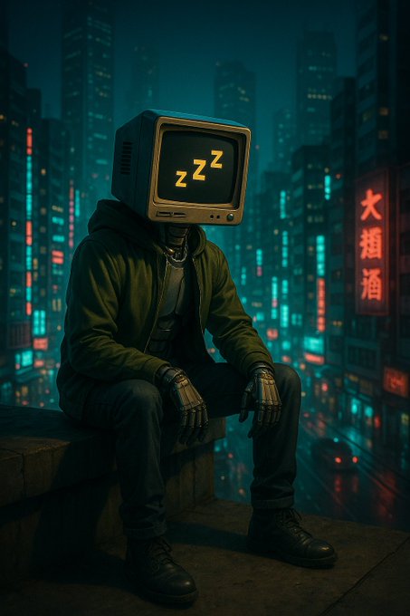 A cyberpunk-style illustration of a figure with a TV monitor head displaying 'zzz' sleeping symbols, wearing a green hoodie and sitting on a ledge overlooking a neon-lit cityscape.