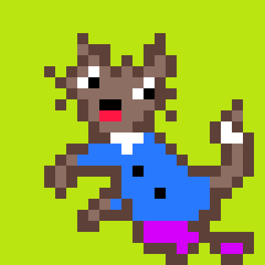 A pixel art illustration of a brown cat wearing a blue shirt and pink shorts, depicted against a bright yellow-green background.