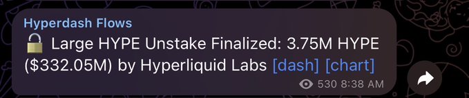 A Telegram alert from "Hyperdash Flows" reports that a large HYPE unstaking by Hyperliquid Labs—3.75M HYPE worth $332.05M—has been finalized. The notification supports the post's theory that Hyperliquid Labs' OTC sale is concluding, with the 3.75M HYPE stake being sufficient to launch a new validator, which the post suggests could be Payward (Kraken).