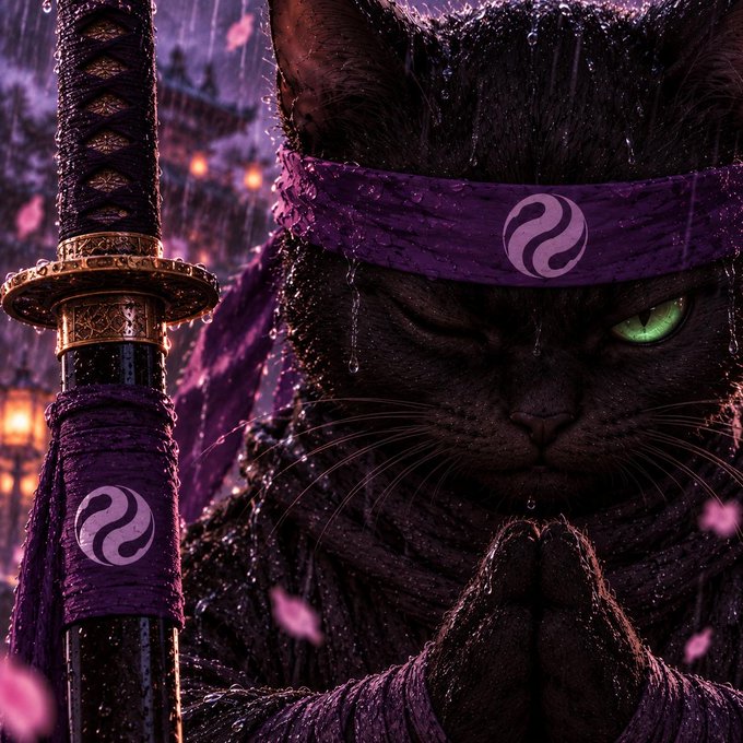 Digital artwork of a black cat styled as a samurai, wearing a purple headband and scarf with a swirling symbol, holding a katana against a rainy, lantern-lit background.