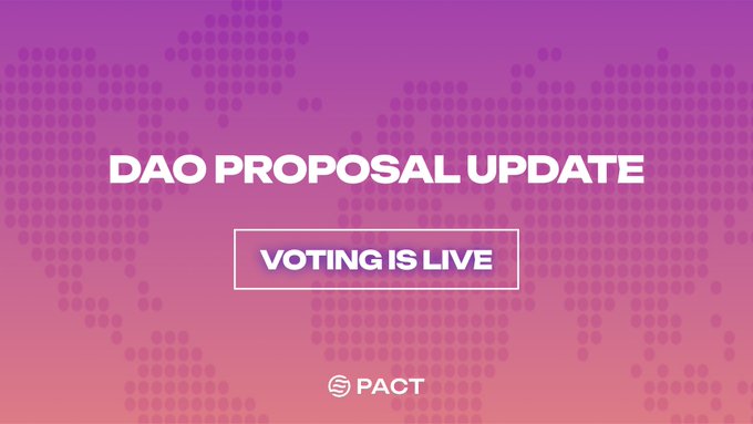 A promotional graphic on a pink/purple gradient background with a dotted world map pattern reads 'DAO PROPOSAL UPDATE' with 'VOTING IS LIVE' highlighted in a purple box, branded with the 'PACT' logo.