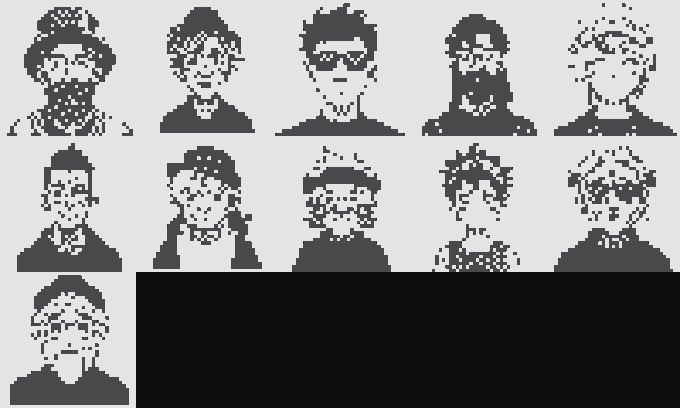 A grid of 11 pixel-art character portraits in a retro video game style, with a black rectangular area in the bottom right.