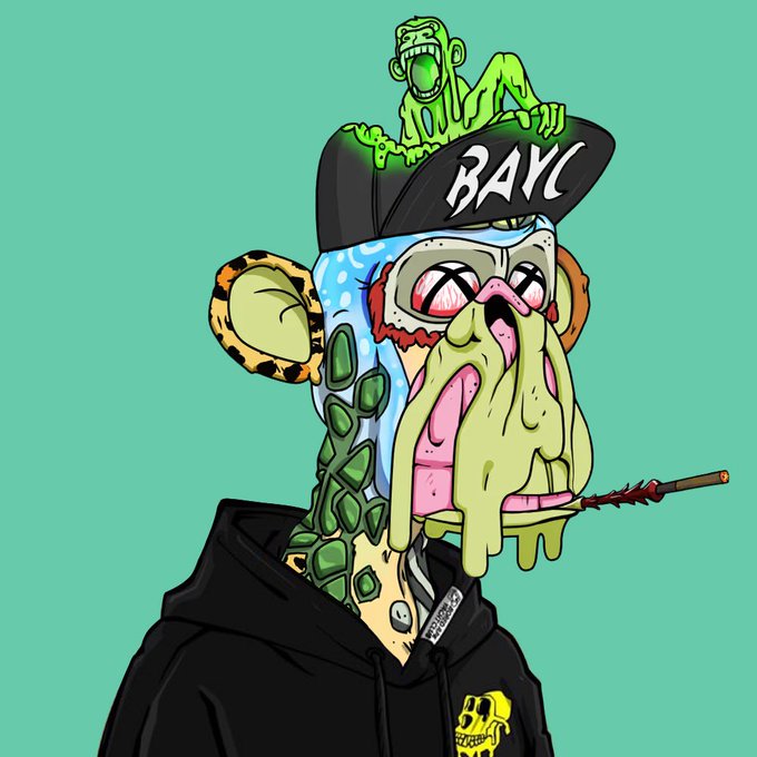 An illustrated Bored Ape-style character wearing a black 'BAYC' cap, melting green face, smoking a spiked cigar, and wearing a black hoodie.