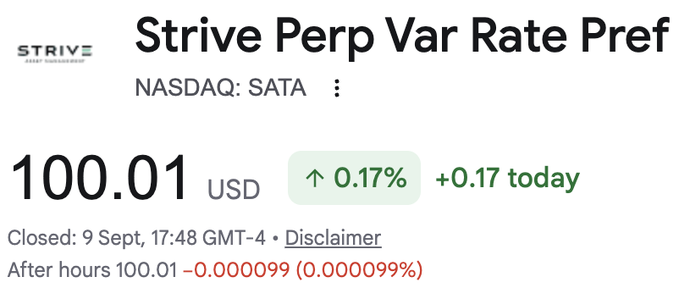 A financial widget displays Strive Perp Var Rate Pref (NASDAQ: SATA) trading at $100.01 USD, up 0.17% (+$0.17) as of 9 Sept, 17:48 GMT-4. The image illustrates the $SATA preferred shares referenced in the post, which celebrates the security surpassing $1 billion in notional outstanding as a milestone in Bitcoin capital markets.