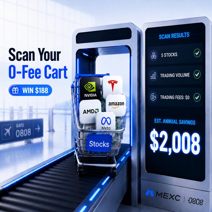 Promotional graphic for MEXC advertising a "Scan Your 0-Fee Cart" promotion with $188 prize, showing a shopping cart with NVIDIA, Tesla, Amazon, AMD, and Meta stock icons, and estimated annual savings of $2,008.