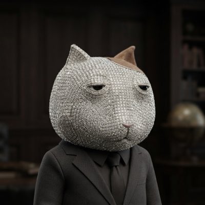 A surreal figure wearing a sparkly silver cat-head mask and a dark suit with a tie stands in a dimly lit room.