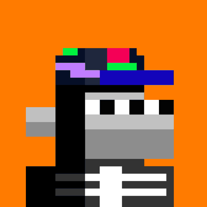 A pixel art character with a gray head, colorful striped hat, black body with a white cross design, and gray belt against an orange background.
